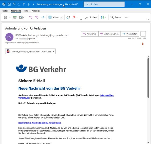 Beispiel einer sicheren E-Mail, wie sie bei dem/der Empfänger/-in ankommt.