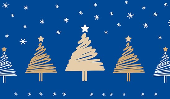 Geschwungen gezeichnete Weihnachtsbäume und Schneeflocken