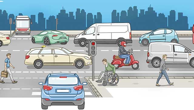 Illustration einer belebten Straße mit Ampelkreuzung, verschiedenen Fahrzeugen und Personen