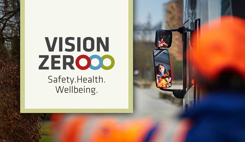 Vision Zero Logo auf Foto von Einweiser Entsorgungsfahrzeug 