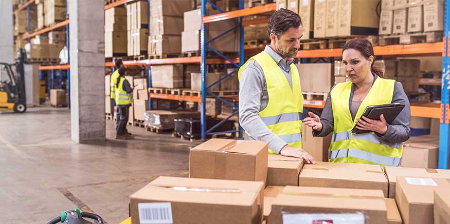 Fachkraft erklärt etwas einem Mitarbeiter im Paketdepot