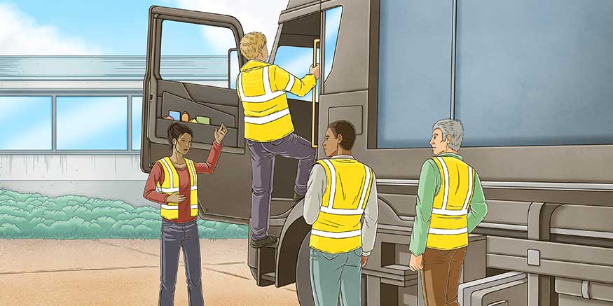 Gezeichnete Darstellung einer Unterweisung zum Einsteigen in den Lkw